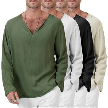 Нов Мъжки Хлопчатобумажный Лен Топ В Етнически Стил, Свободна Тениска с V-образно Деколте и Дълъг Ръкав за Мъже