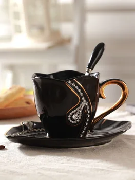 Креативен прост европейски стил, диамантена керамични кафеена чаша и чиния, набор, луксозна класическа двойка, следобеден чай, чаша за чай с мляко