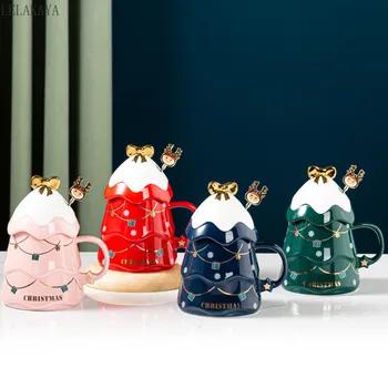 500 мл 3D Коледна Елха Чаши С Капак Разбъркване Бар Керамични Чаши с Голям Капацитет Мляко, Чай, Сок, Чаша Коледни Подаръци набор от кафе чаши