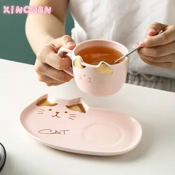 Керамични Комплекти Чаши Кафе на с Изображение на Котка от Карикатура, Чаена Чаша, Чиния Десерт, Творчески Сладък Набор от Кафе Чаши и Блюдец, Подарък Лъжица