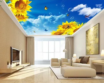 Потребителски Големи Таван Стенописи Тапети 3D Синьо небе и бели облаци, плаващи ароматен слънчоглед Фотообои Таван Тапети