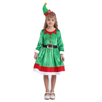 Зелен Детски Топъл Коледен Костюм на Елф, Облекло на Дядо Коледа за Момичета, Коледна Детско Елегантна Рокля, Комплект за Празнични Дрехи