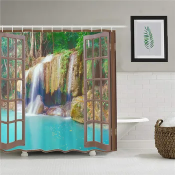 Завеса за душ с водопад, Водопад в дълбините на гората, видими от прозорците, Определени за декор за баня от водоустойчив плат с куки