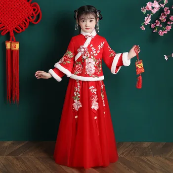 Момиче Зима Китайски Стил Ретро Бутон Hanfu Традиционна Бродерия Qipao Cosplay Вечерни Представяне На Нова Година Поздравительный Костюм