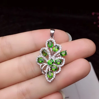 Мода Изящна пеперуда натурален зелен диопсид Висулка от натурален скъпоценен камък висулка S925 сребро Жените момиче подарък скъпоценни бижута