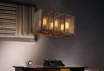Таванско помещение ретро промишлен окачен лампа от Ковано Желязо Правоъгълна стоманена клетка кафе бар желязна лампа