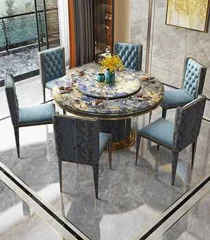 Италианската светла луксозна каменна боя кръгла маса за хранене и стол от висок клас вила маса за хранене дизайнерски чист червен маса