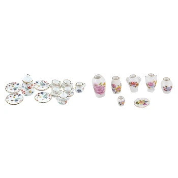 2 Комплекта миниатюрни аксесоари за кукли: 1 Комплект прибори, порцелан чай и 1 Комплект керамични порцеланова ваза рози