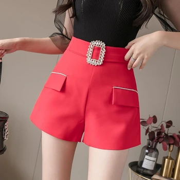 Лято 2021, Корейски Стил, Модни Дамски къси Панталони с висока Талия и Колан с Кристали, Дамски Черни, Червени, Широки Шорти
