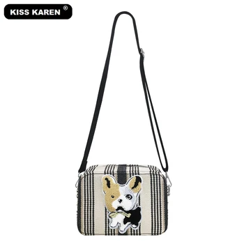 Модни шарени дамски чанти през рамо със сладък нашивкой под формата на куче, Дамски чанти-незабавни посланици, платно женски чантата с капак, дамски чанти