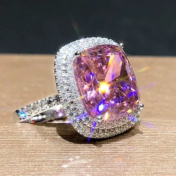 Нов дизайн, Висококачествено европейското и американското Квадратно Микро-пръстен с розов цирконием, Елегантен Годежен пръстен.