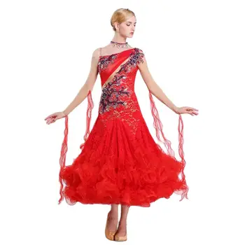 B-16253 Рокля за балните танци за жени, рокли за състезания по танци балната зала, стандартно рокля с Дълъг ръкав, червен облекло за танци