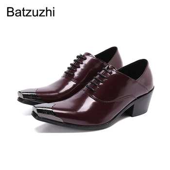 Batzuzhi/мъжки обувки; кожени модела обувки на висок ток 6,5 см с остър метален пръсти; мъжки вечерни и булчински обувки дантела; Zapatos Hombre