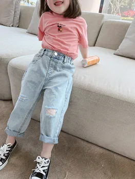 Модерни дънки за момичета, детски летни стилни Скъсани Панталони, Детски Ежедневни панталони, Бебешки дрехи за деца от 3-8 години
