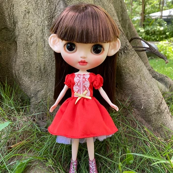 Рокля Blythe 1/6 Дантелено червена рокля 30 см от плат за играчки bjd (подходящ за Pullip, Ob24, Licca)