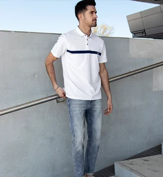 J8591 - годишната нова мъжка риза с къси ръкави, Мъжки памучен бяла тениска с ревера от мъниста с къс ръкав