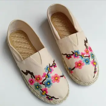 Парусиновая обувки с бродерия в стил пекин слива в етнически стил, дамски обувки на равна подметка, дишаща слама плетени обувки