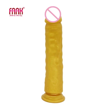 FAAK дълъг пенис силикон златен реалистичен вибратор с вендузата женски мастурбатор секс играчки за жени лесби анален щекер