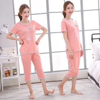 Панталони капри, ризи с къс ръкав, Пижамный комплект Памучен Летни дрехи за жени, Пижами, корейската кавайная облекло, пижами mujer