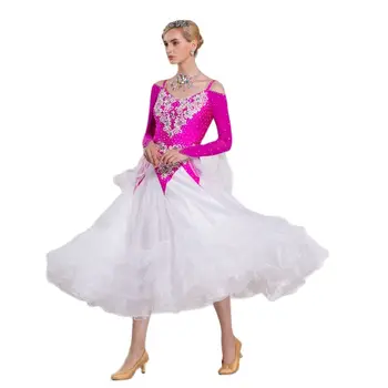 B-16179 Сшитое на поръчка дълга рокля за балните танци гладко съвременно танцово рокля на розово-бял цвят за състезания