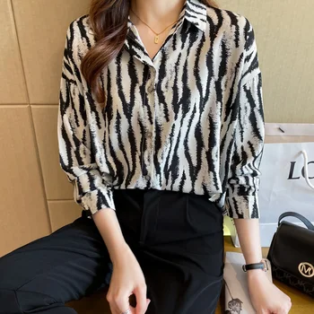  Черно-Бяла шифоновая риза с принтом, дамски пролетно новост 2022 г., универсална широки дрехи с яка поло на лигавицата 