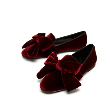 Модни кестеняво-червено кадифе лоферы с голям нос-пеперуда, обувки на плоска подметка с пеперуда и възел, Женски Удобни тънки обувки без закопчалка