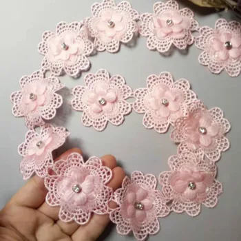 1 Ярд Розови Перли 3D Цвете Пискюл Лейси Отрежете Лента Плат Бродирана Апликация на Дрехи Занаят Плетене на една Кука Рокля Сватба Облекло