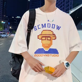 лятна мъжки памучен свободна тениска с кръгло деколте и къс ръкав с принтом в гонконгском стил, модни универсални пятиточечные ръкави