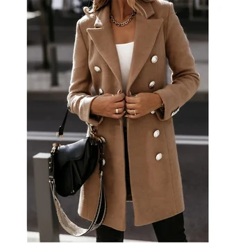 Зимно Палто за Жените, Обикновен Модерен Костюм с дълги ръкави, Двубортное палто с яка, Вълна палто