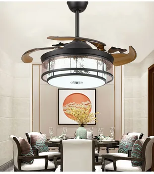 Новият китайски стил фен невидим вентилатор лампа ретро хол вентилатор на тавана лампа древна трапезария таван