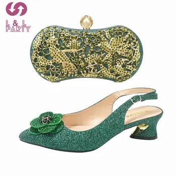 Класически, стилни Нови Постъпления, Нигерийски дамски обувки и чанта в тон, комплект от дамска Чанта в Зелен Цвят, с високо качество сватбени обувки-лодка